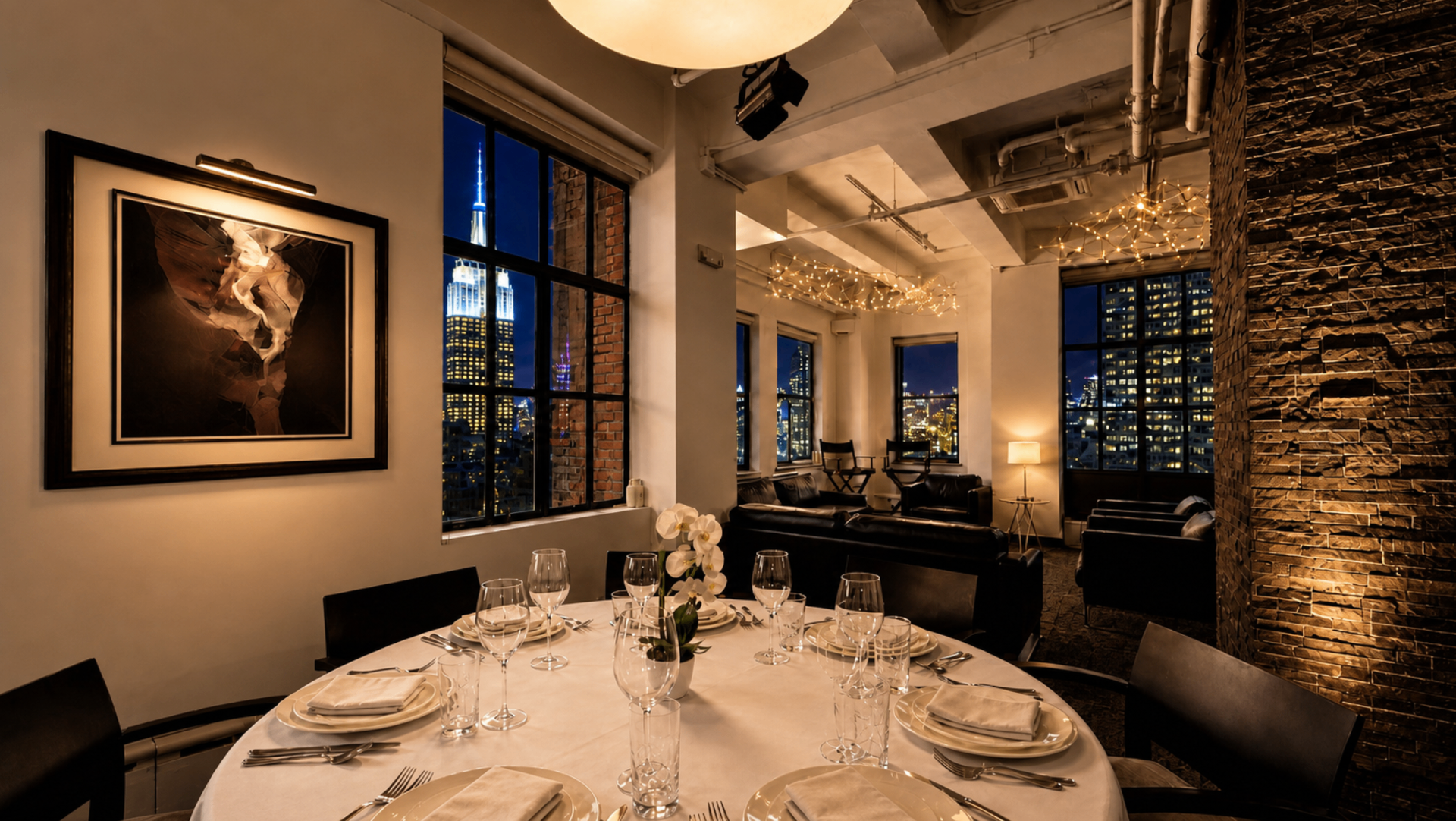 Private penthouse interior overlooking Manhattan at dusk